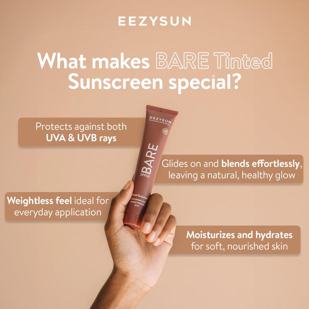 EEZYSUN BARE tinted sunscreen application on face for smooth, non-greasy coverage