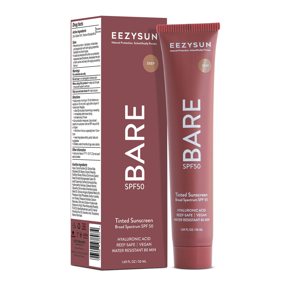 EEZYSUN BARE tinted sunscreen jar closeup with SPF 50 protection and hydrated glow