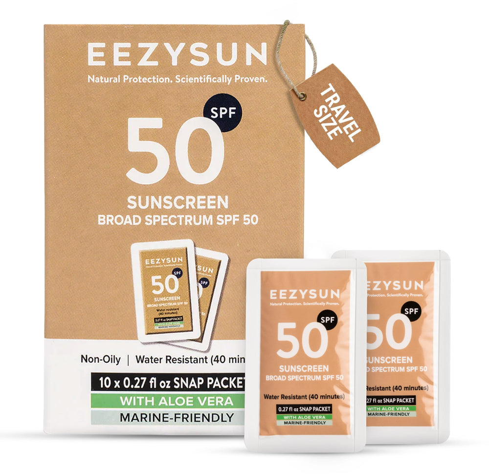 EEZYSUN Mineral SPF 50 travel packets provide compact sun protection for on-the-go days.
