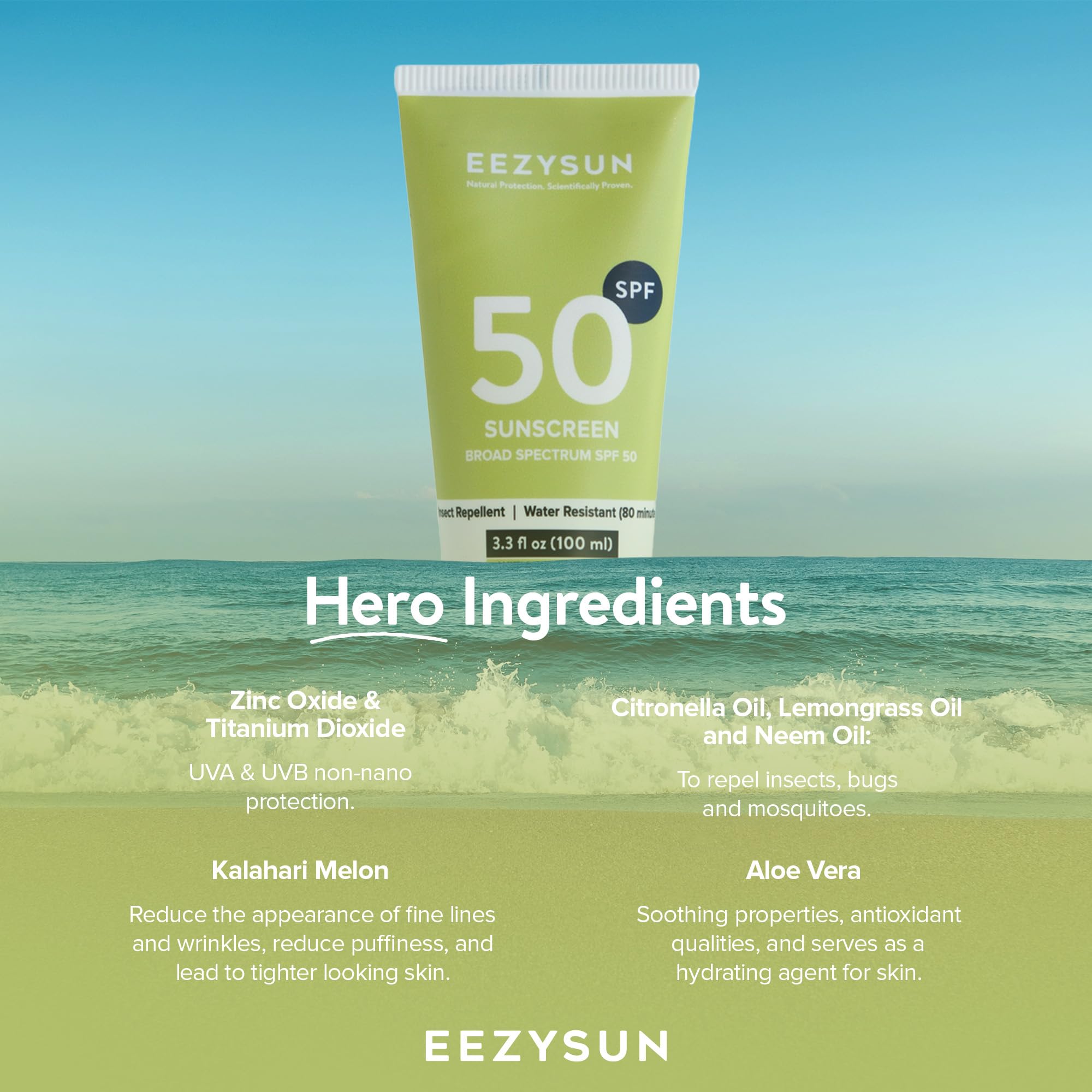 EEZYSUN vegan cruelty-free label highlights plant-based sun care.