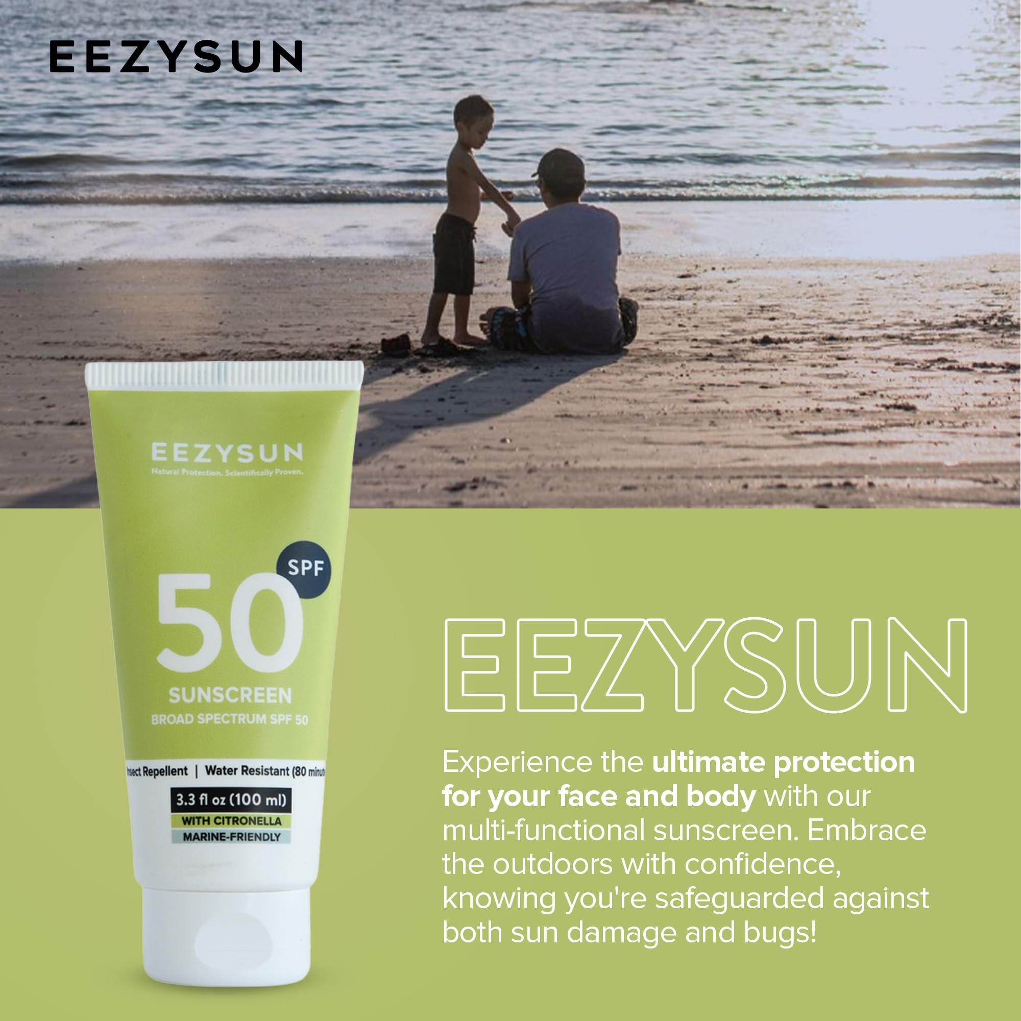 EEZYSUN water-resistance up to 80 minutes label for swimming or sweating.