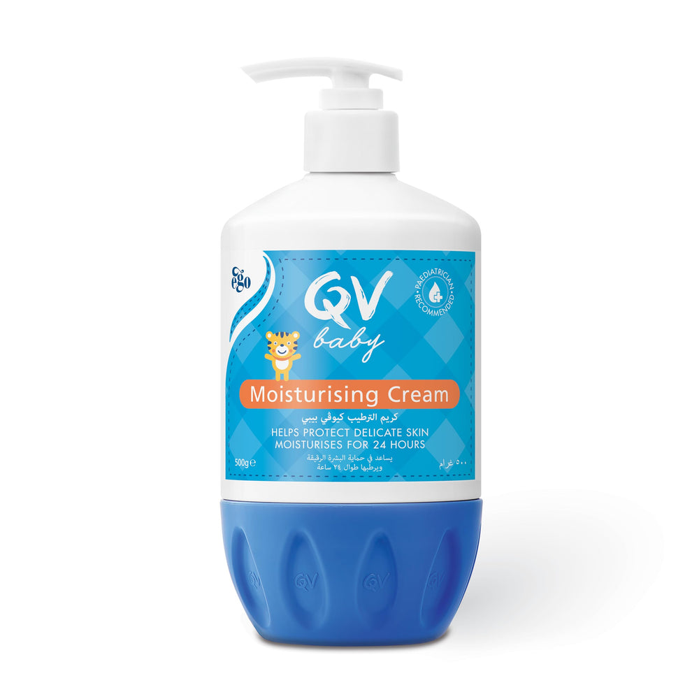 QV Ego Baby Moisturising Cream 500g bottle delivers 24-hour hydration for delicate skin.