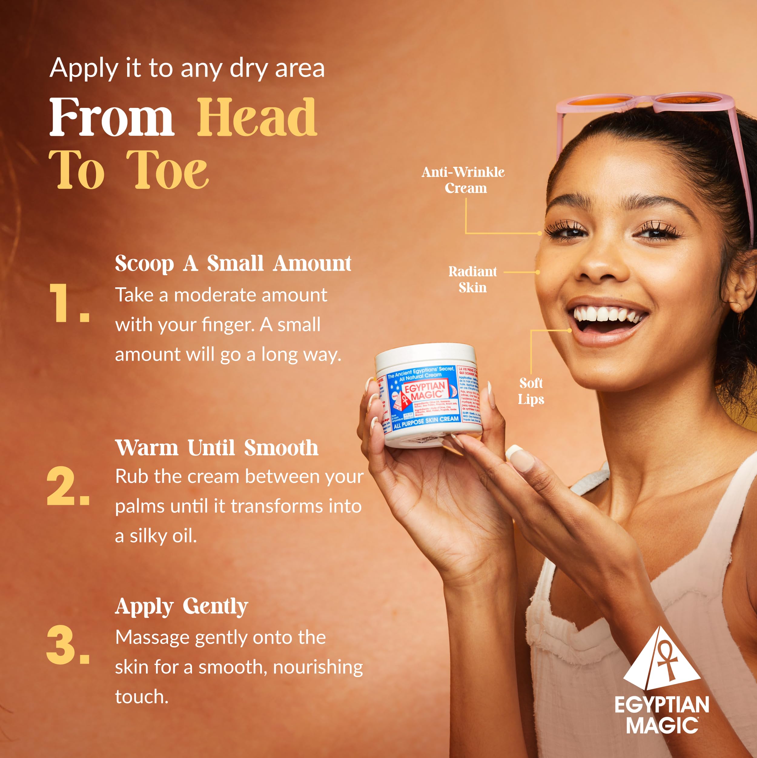 Egyptian Magic being applied to the face for lightweight daily hydration.
