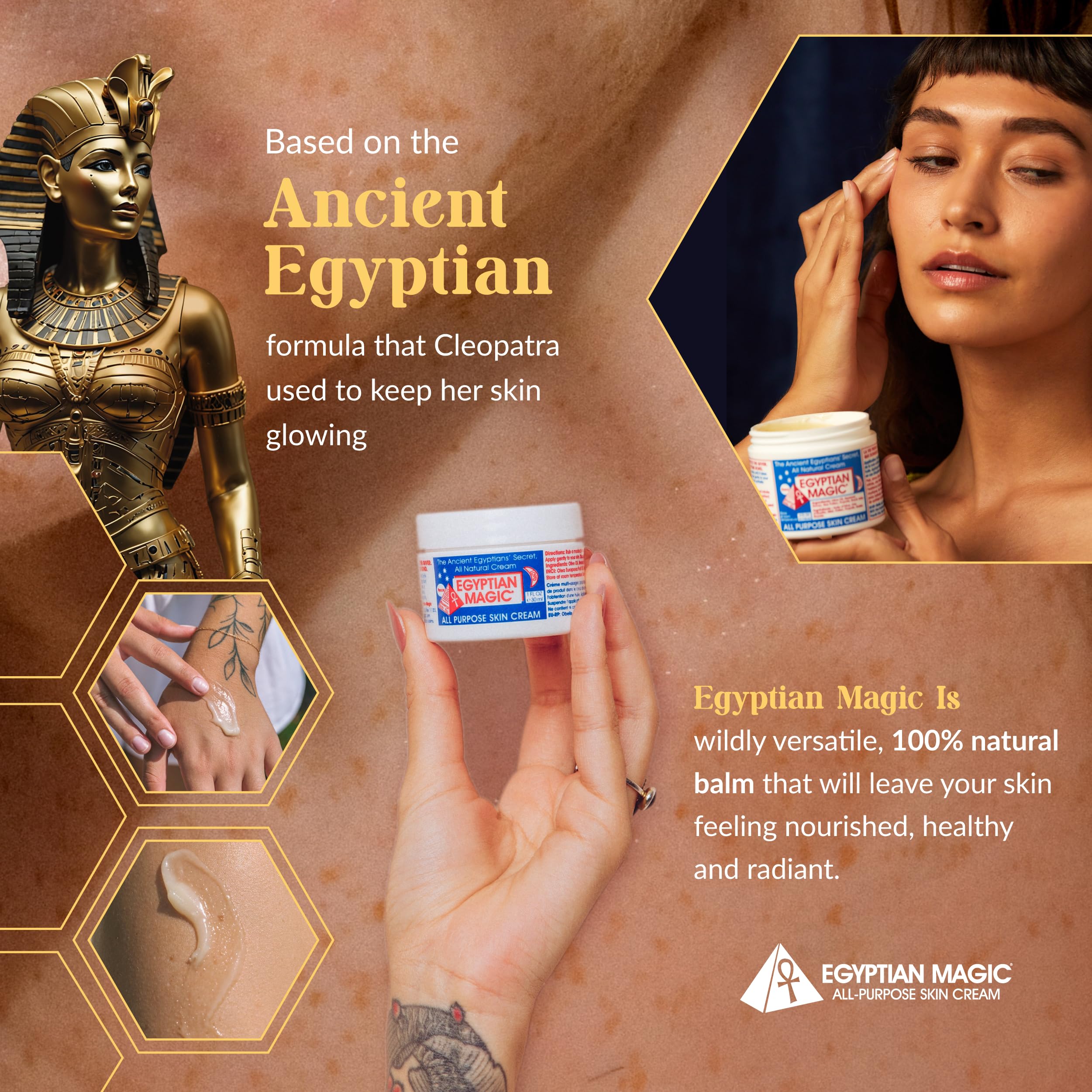 Egyptian Magic ingredients blend with honey and royal jelly for nourishing skin