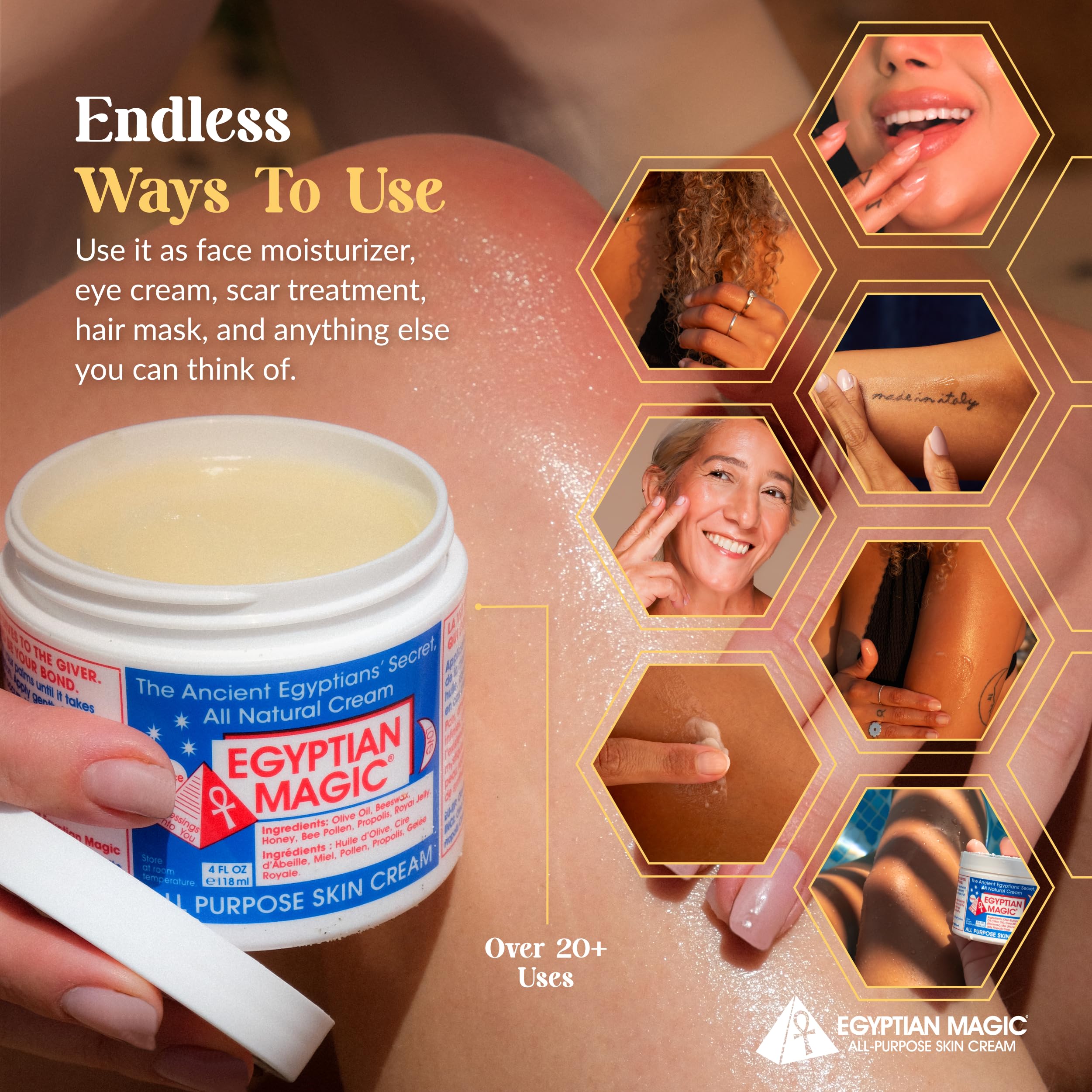 Egyptian Magic used on lips and eyes for gentle, multi-purpose care.
