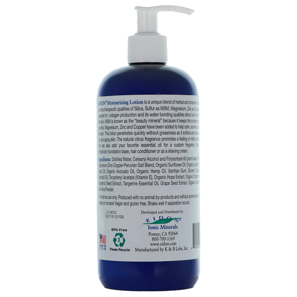 Eidon lotion with pump top highlights quick, non-greasy application for daily use