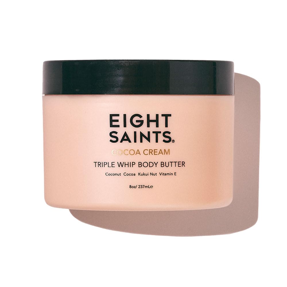 Eight Saints Cocoa Creme Body Butter jar showing rich hydration for dry skin.
