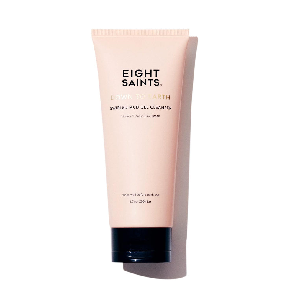 Eight Saints Down To Earth Mud Gel Face Wash label highlights natural clays ideal for oil balance.