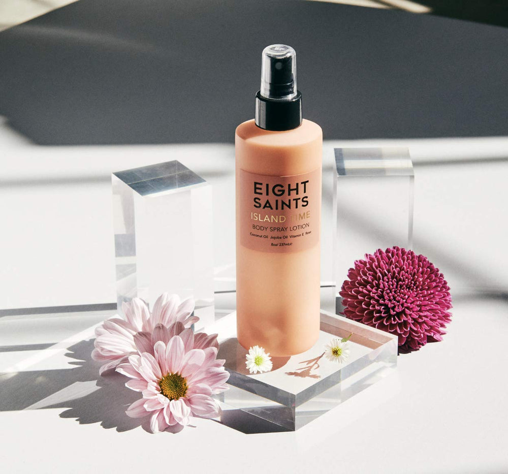 Eight Saints Island Time ingredients panel emphasizes coconut oil and vitamin E