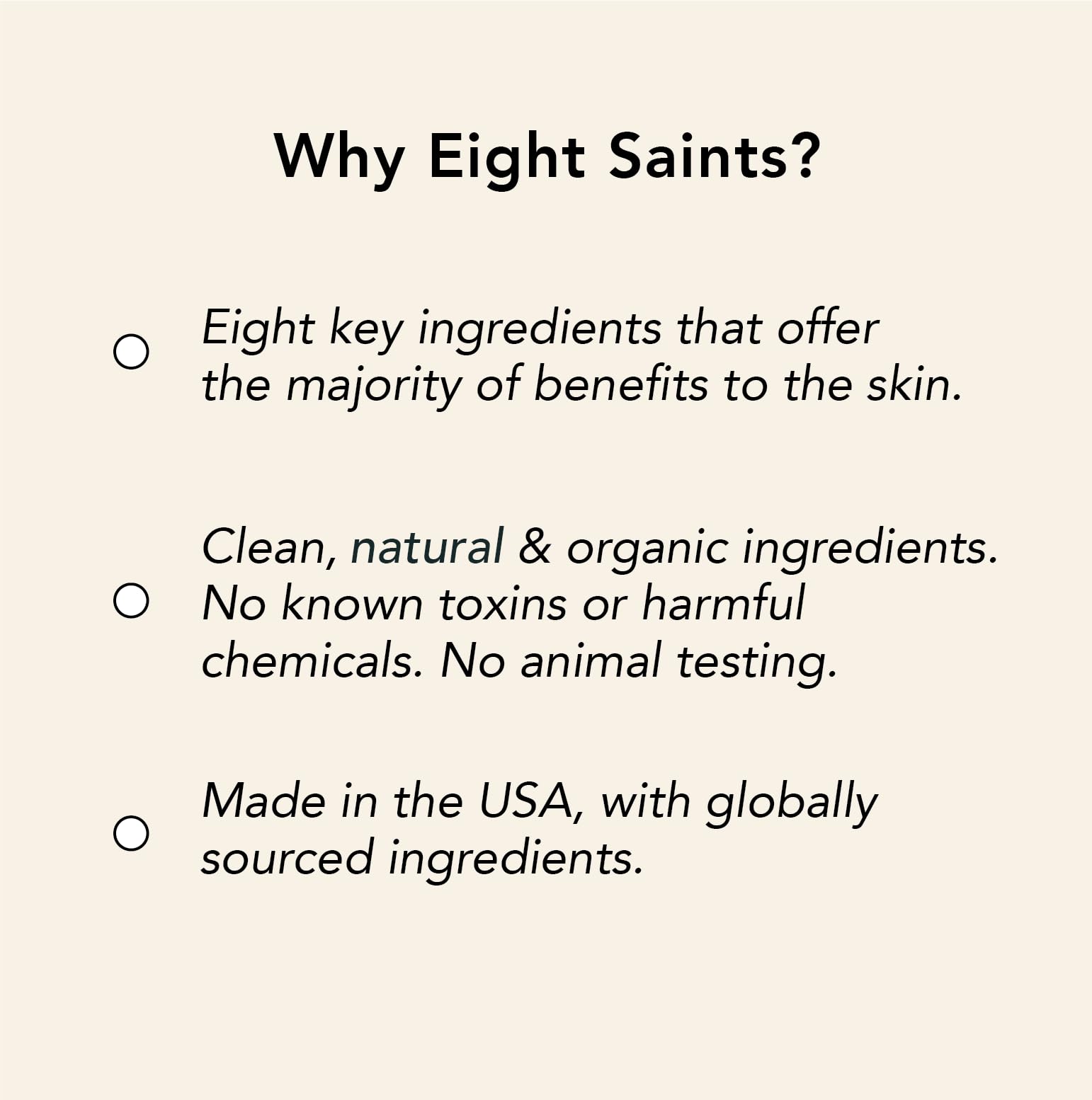 Maine-made Eight Saints packaging emphasizing a clean, cruelty-free formulation.