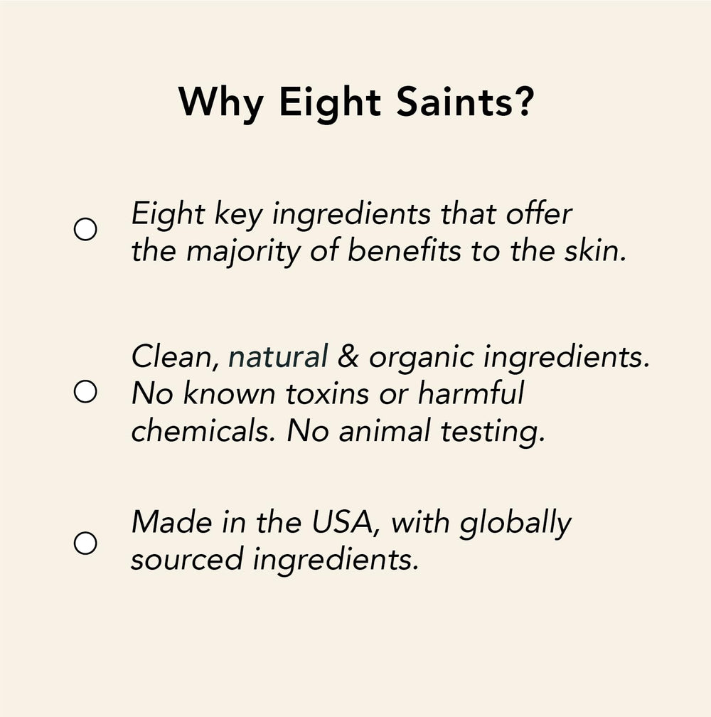 Maine-made Eight Saints packaging emphasizing a clean, cruelty-free formulation.
