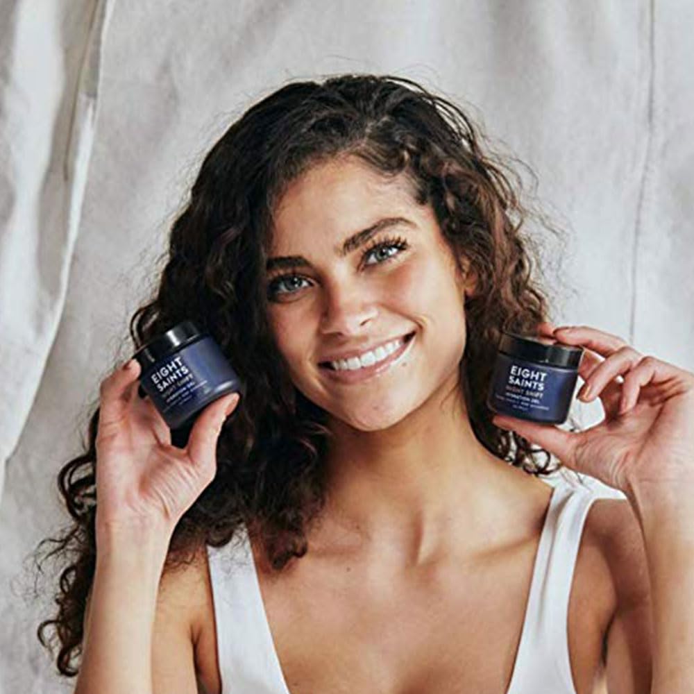 Eight Saints Night Shift product shot evokes a calm nighttime skincare routine.