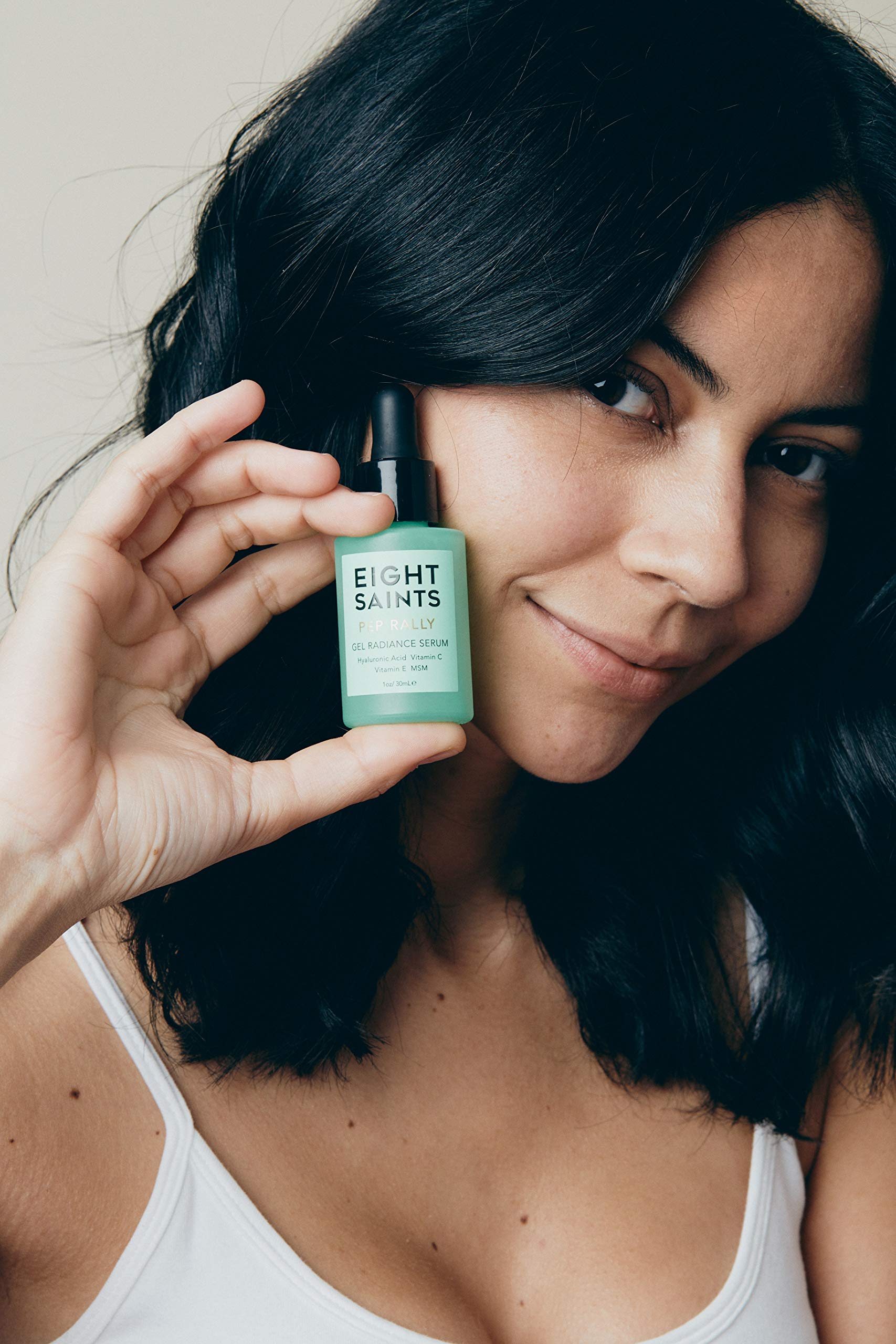 Close-up texture of Eight Saints serum highlighting a light, fast-absorbing gel.