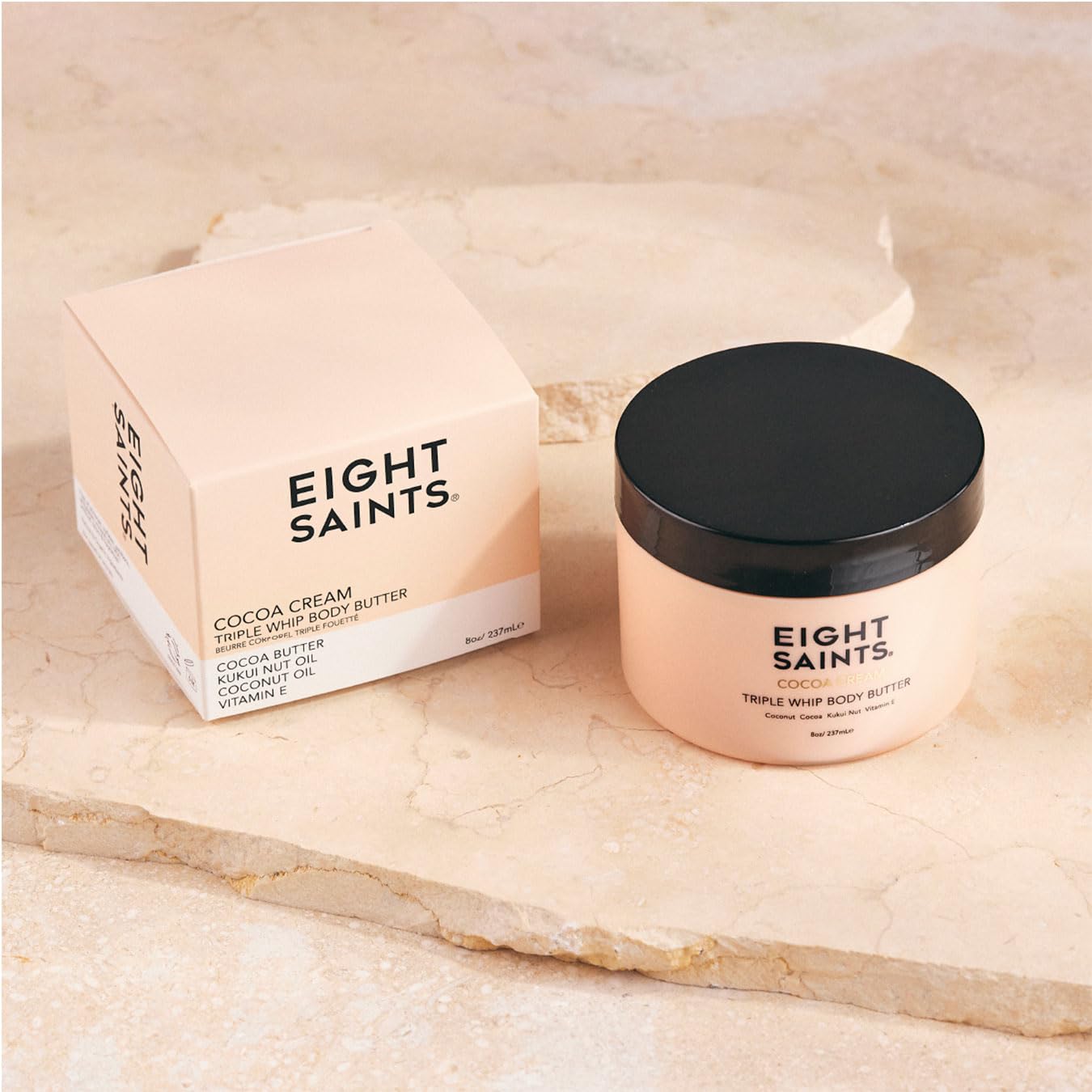 Eight Saints Vitamin E infusion bottle emphasizing skin nourishment.