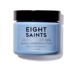 Eight Saints Zen Out bamboo detox scrub jar showing texture for gentle daily exfoliation.