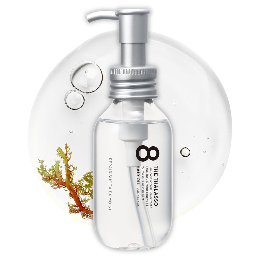 Eight the Thalasso hair oil bottle closeup, lightweight formula for daily use