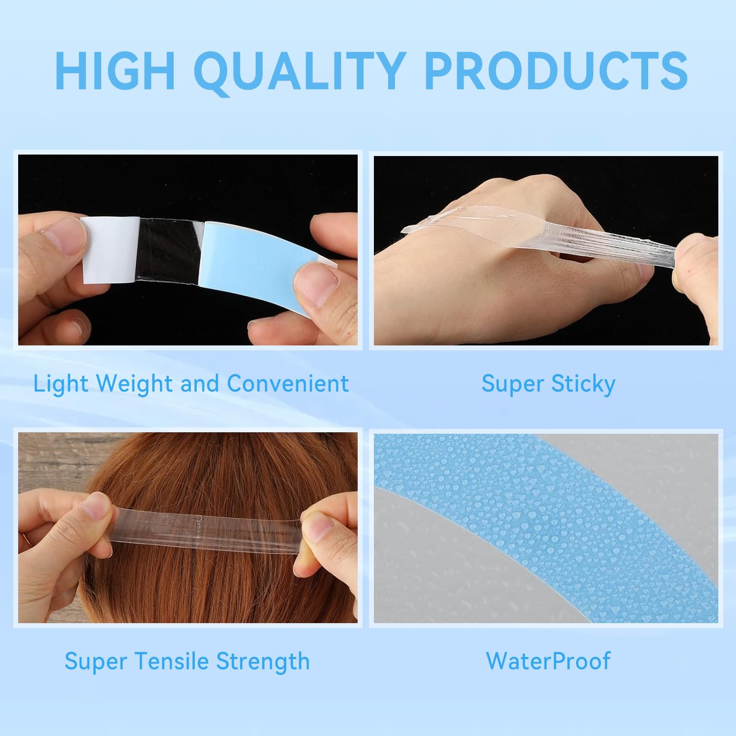 Eiohlnd blue tape strips secure wigs and extensions with ease.