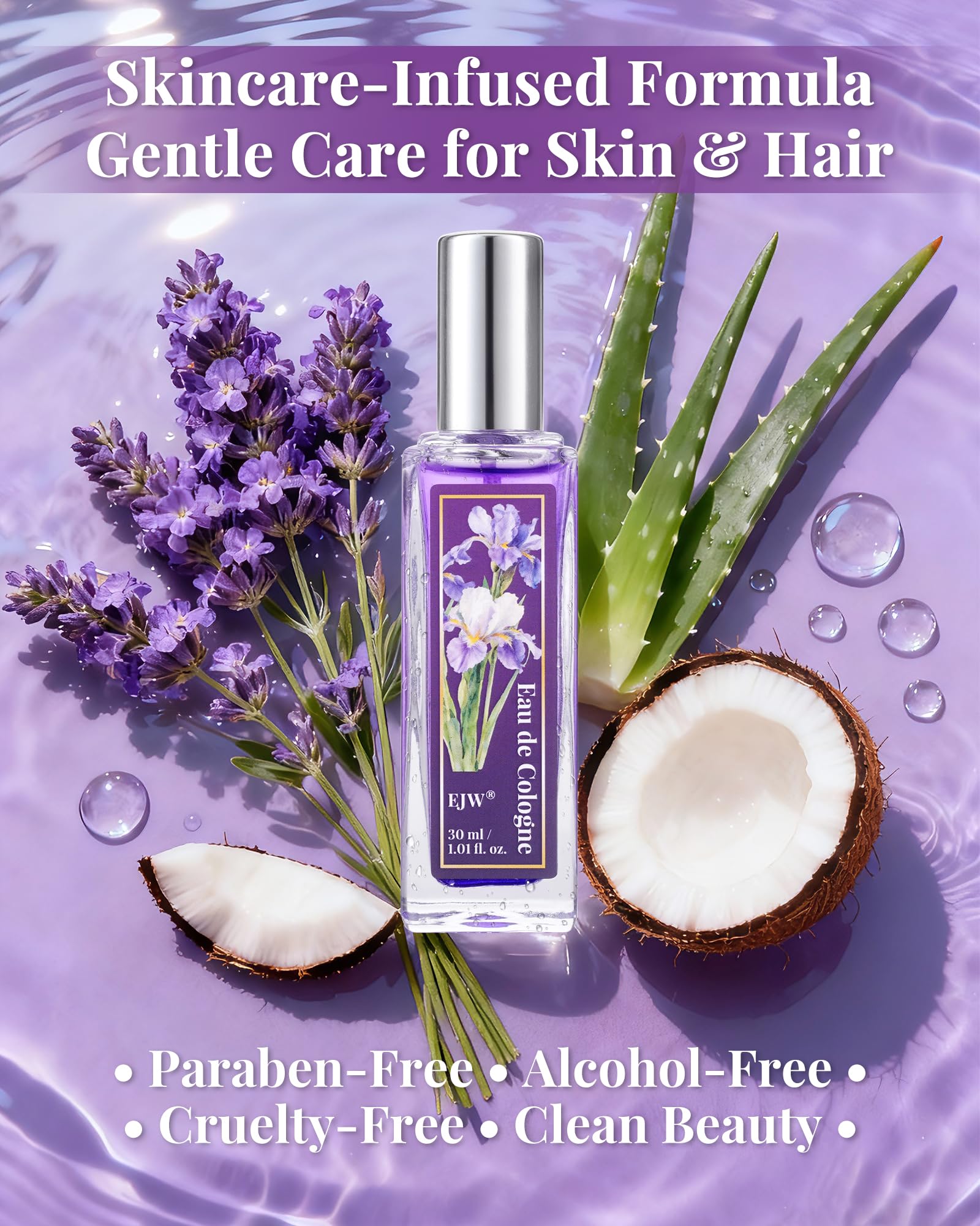 EJW Midnight Violet close-up of Aloe Vera and Coconut ingredients for hydration.