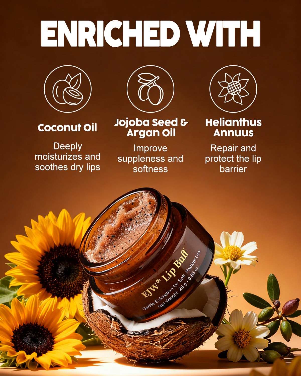 EJW lip scrub in use on lips demonstrating nourishing prep for makeup.