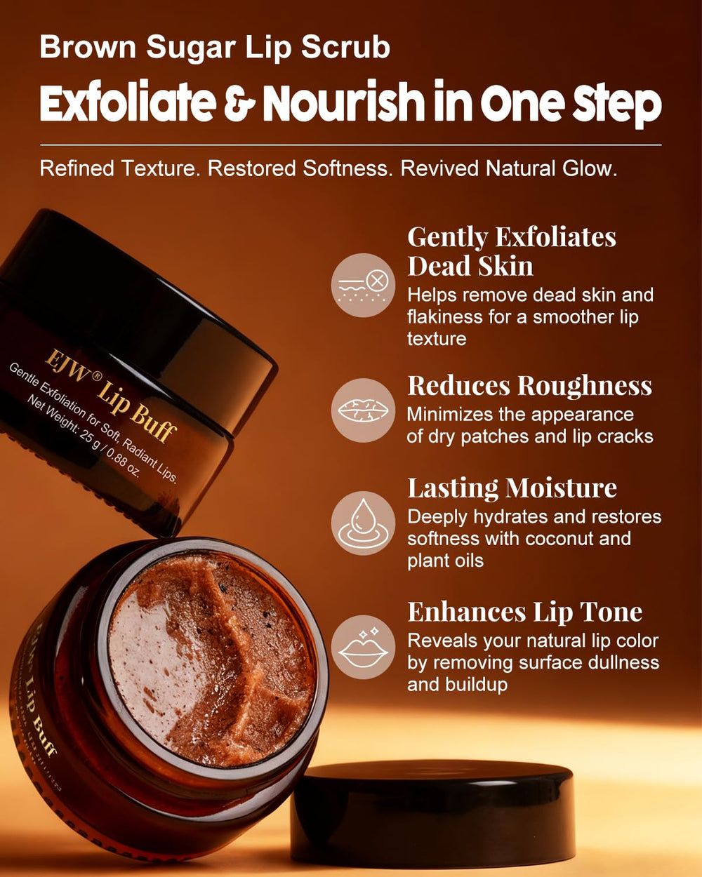 EJW lip scrub ingredients highlight coconut and jojoba oils delivering deep hydration.