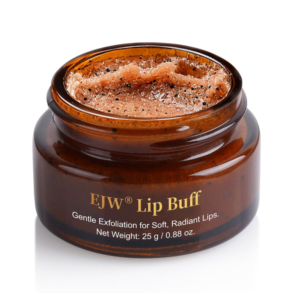 EJW Triple-Action Lip Scrub jar with brown sugar, coffee, pearlite for gentle exfoliation on dry lips.