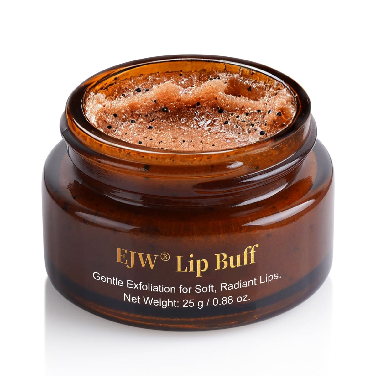 EJW Triple-Action Lip Scrub jar with brown sugar, coffee, pearlite for gentle exfoliation on dry lips.