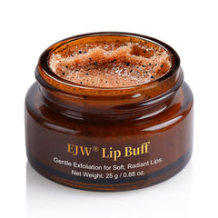 EJW Triple-Action Lip Scrub jar with brown sugar, coffee, pearlite for gentle exfoliation on dry lips.