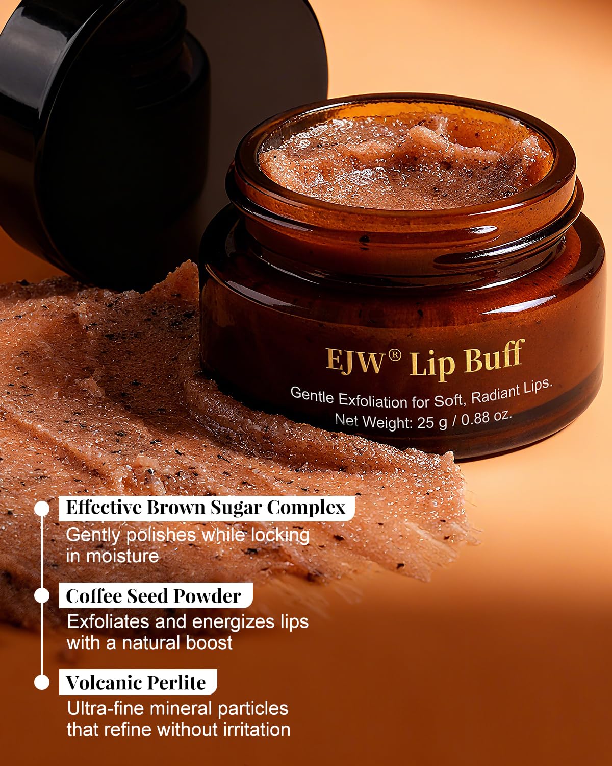EJW lip scrub texture close-up showing creamy, non-gritty formula ideal for smooth lips.