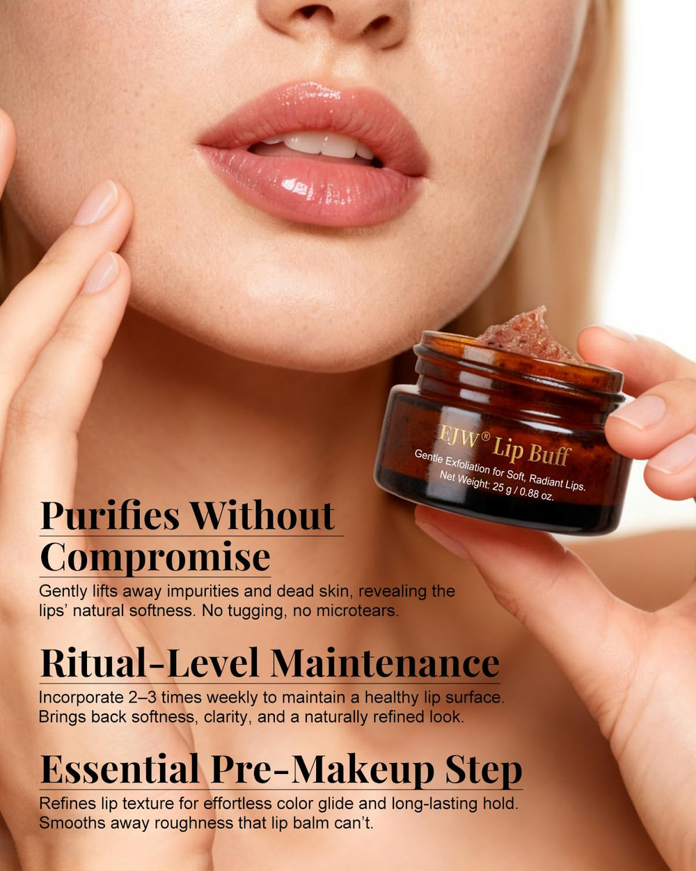 EJW vegan cruelty-free badge on packaging signals ethical lip care.