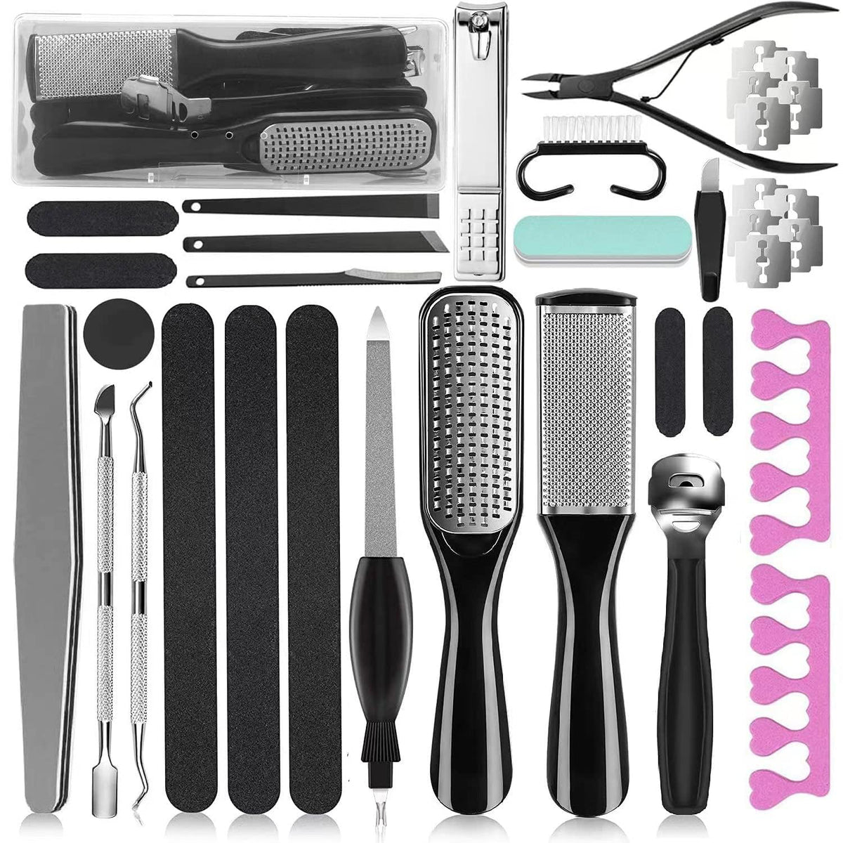 EKOCSIO 36-in-1 pedicure kit laid out for comprehensive at-home foot care