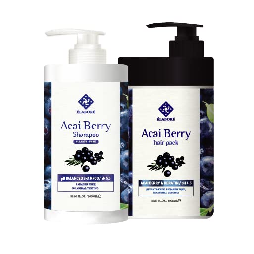 Elabore Acai Berry Super Hair Pack bottle emphasizes nourishing, sulfate-free cleansing.