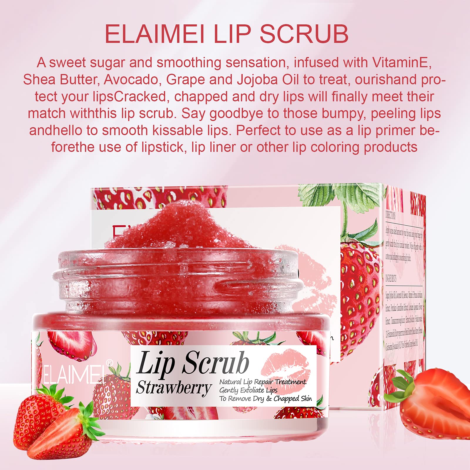 ELAIMEI lip scrub ingredients with natural oils deliver nourishment and hydration.