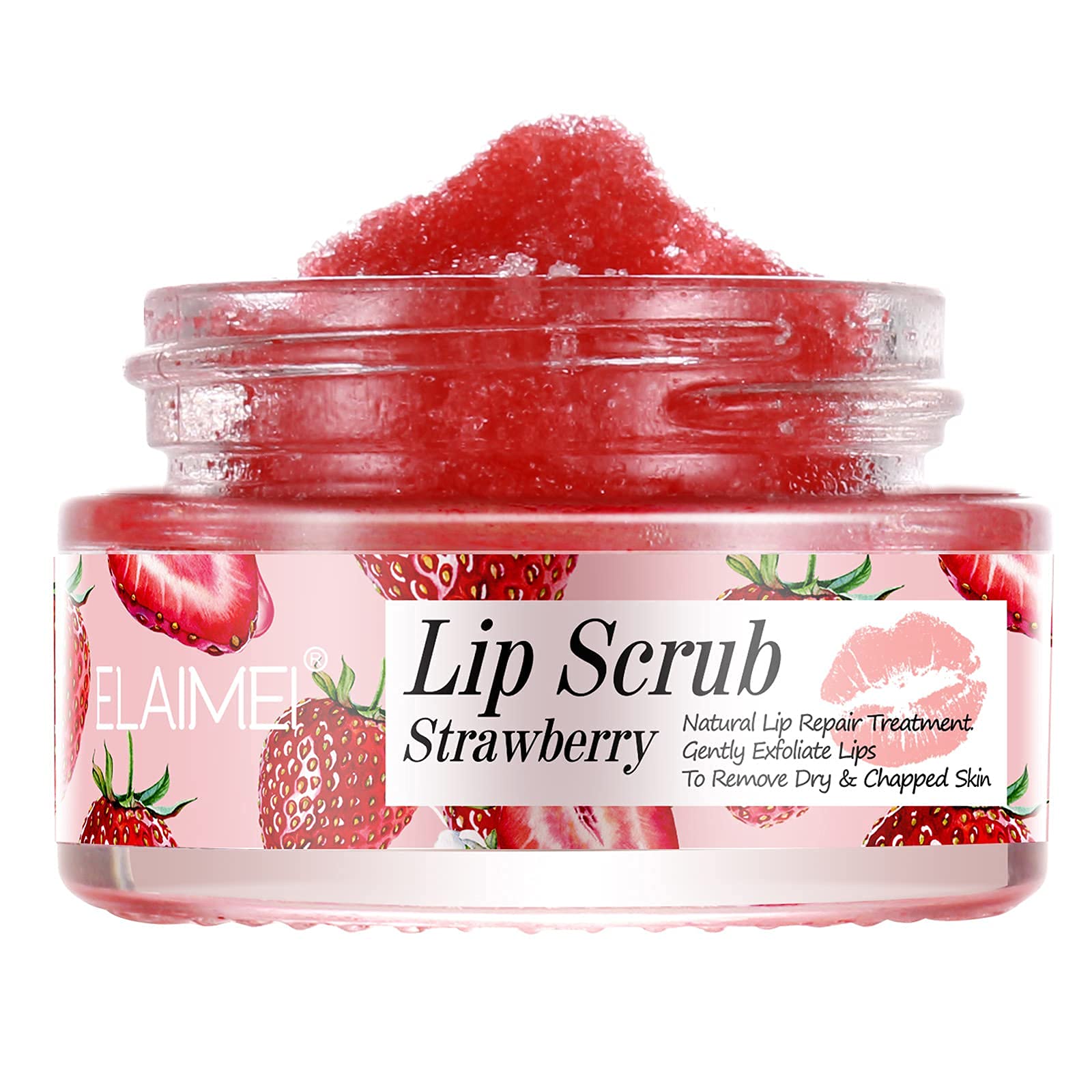 ELAIMEI Strawberry Lip Scrub jar nourishes lips with a smooth, hydrated feel.