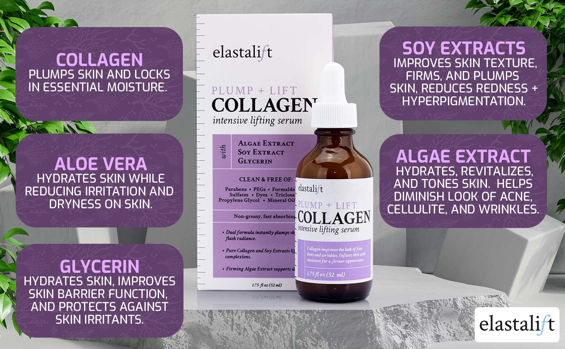 Elastalift collagen serum dropper dispense for precise, quick-absorb application.