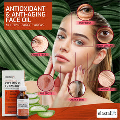 Elastalift Vitamin C Turmeric Oil container on vanity shows clean beauty formula.