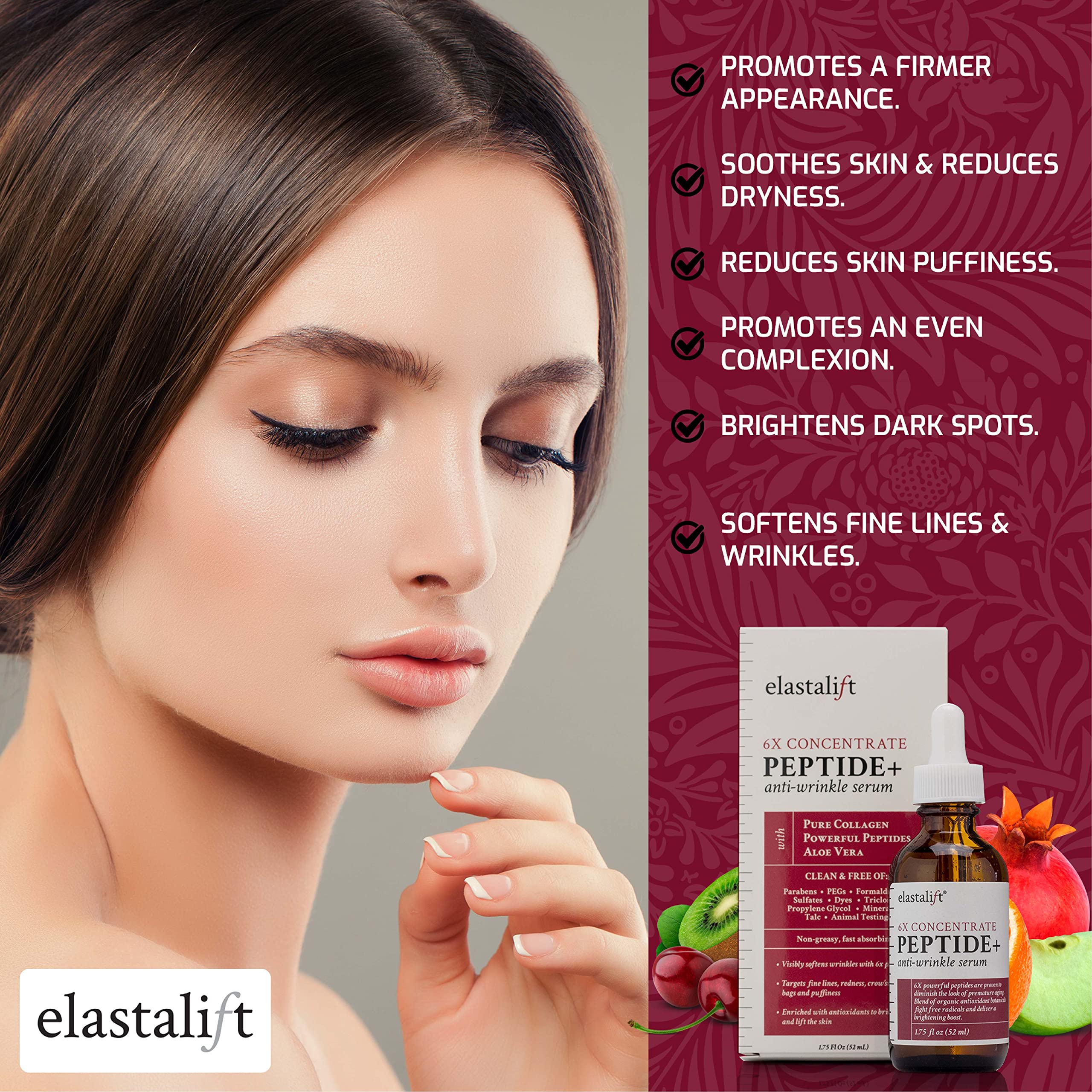 Elastalift serum label detail emphasizes six-peptide formula and antioxidant botanicals
