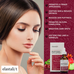 Elastalift serum label detail emphasizes six-peptide formula and antioxidant botanicals