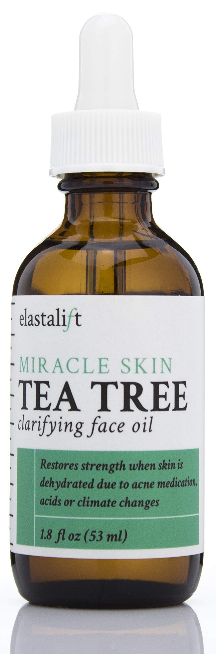 Elastalift Tea Tree Oil face application shows targeted use for redness and blemishes.