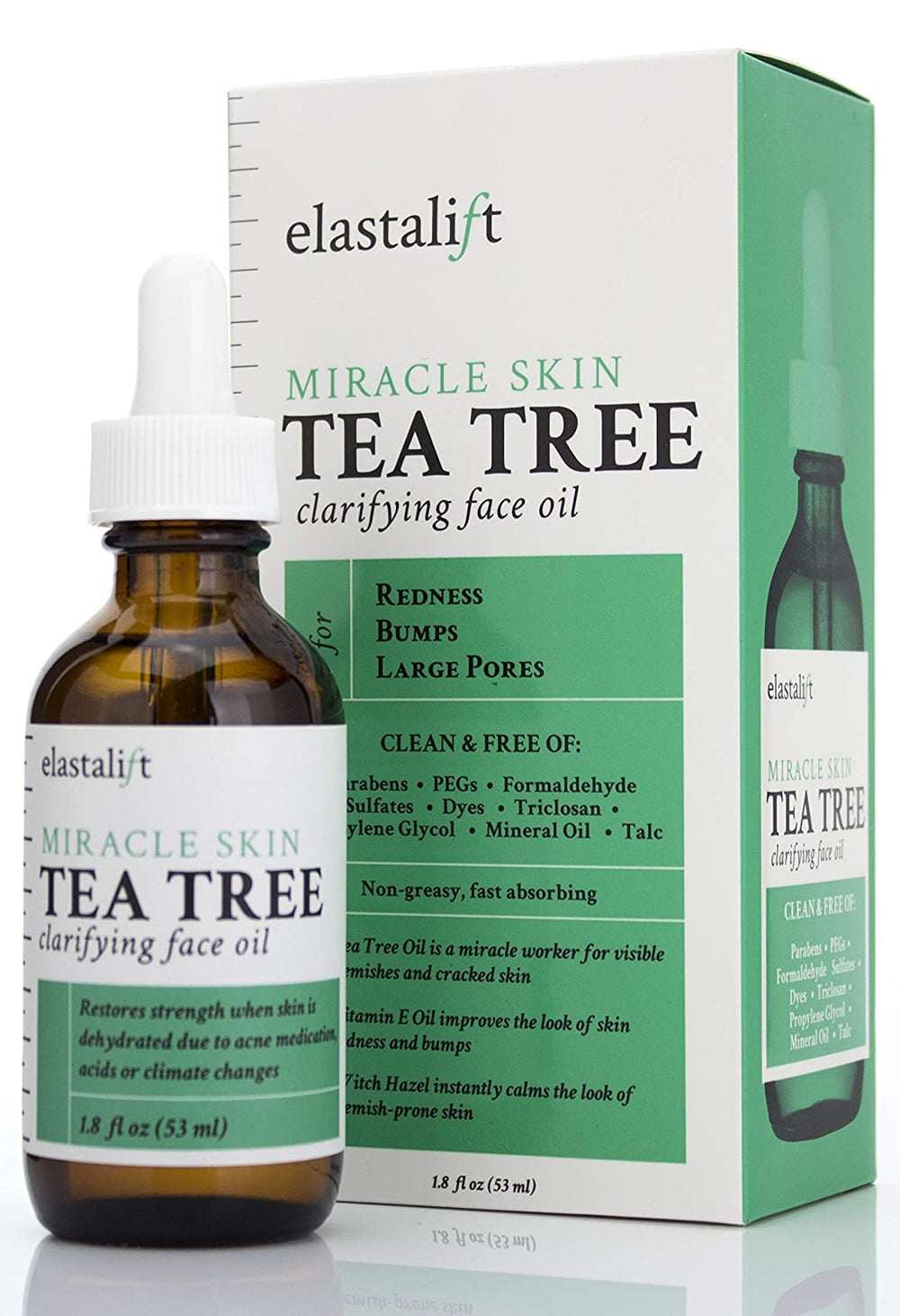 Elastalift Tea Tree Oil spot-treatment bottle close-up; non-irritating formula for clearer skin.
