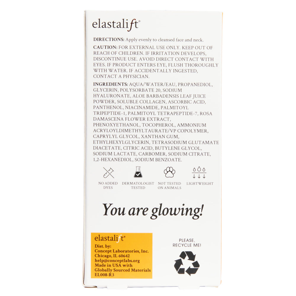 Elastalift vitamin C serum glow after application suggests radiant skin.