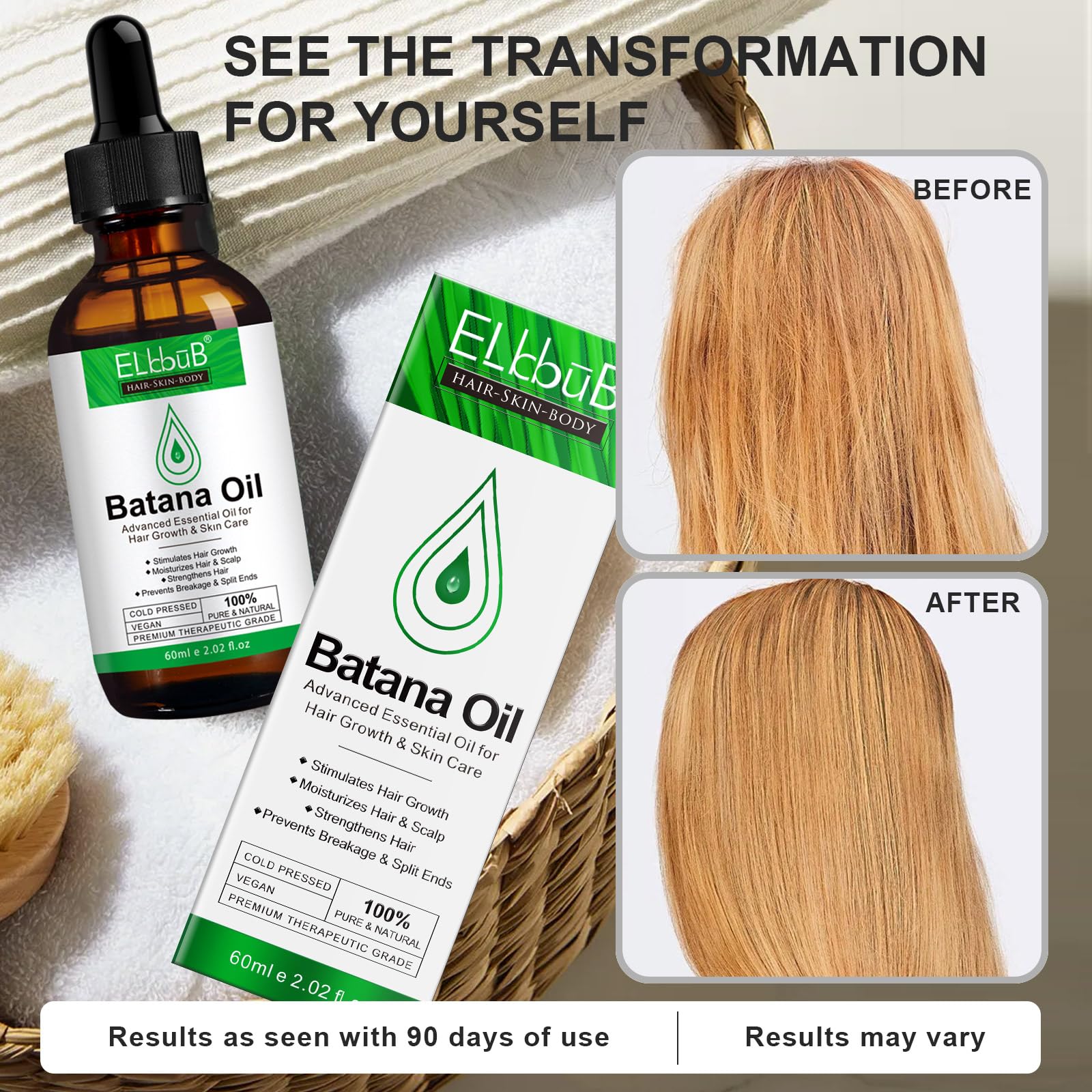 ELBBUB Batana Oil drops on hair convey quick scalp nourishment and softness.
