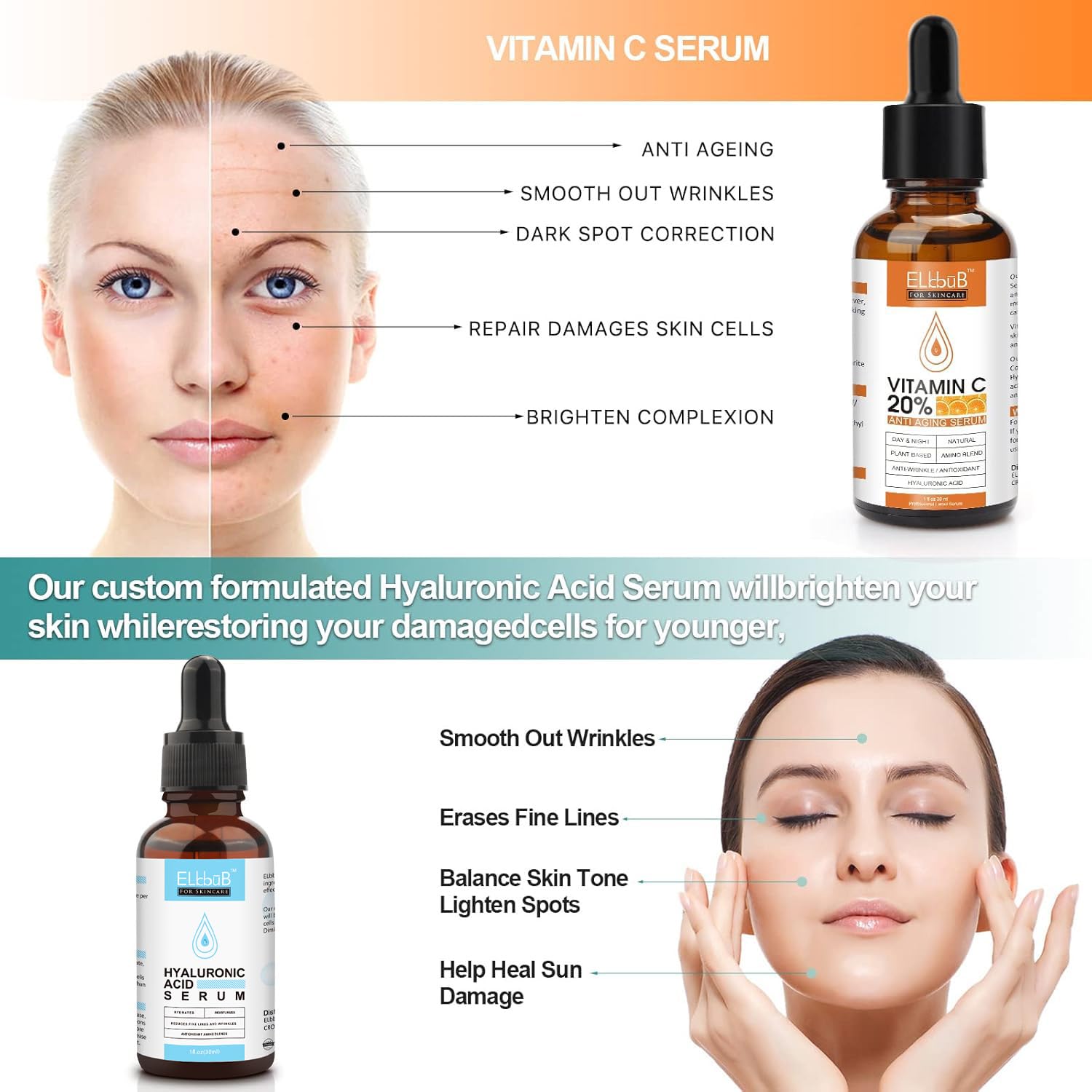 ELBBUB Hyaluronic Acid serum bottle promotes plump, hydrated skin.