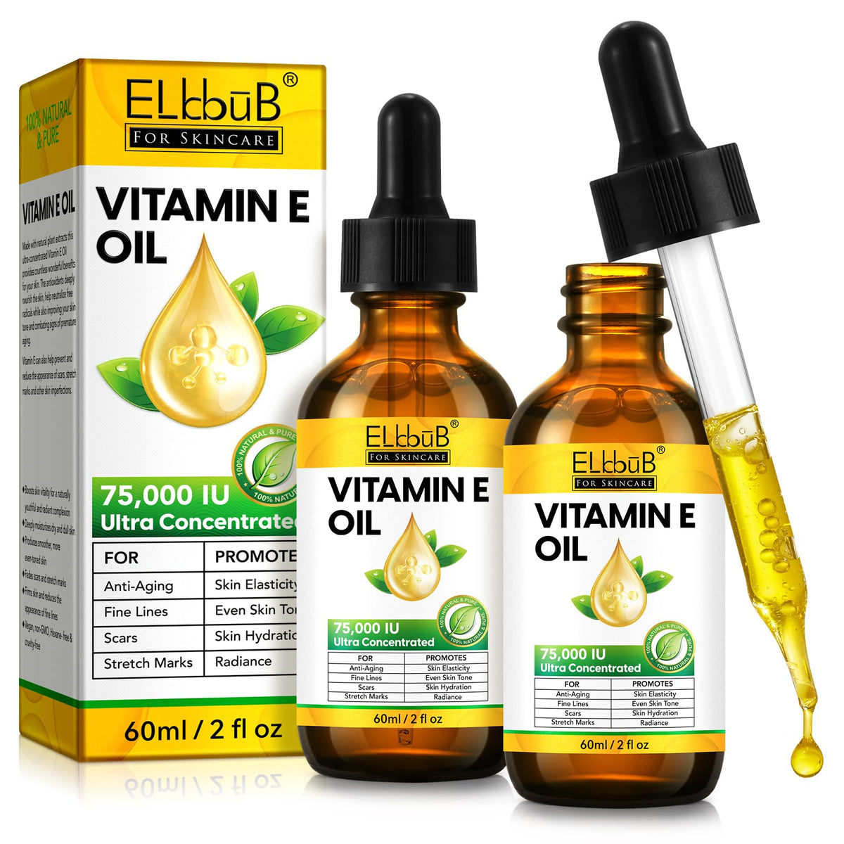 ELBBUB Vitamin E Oil bottle closeup, potent hydration for skin, hair, and nails.