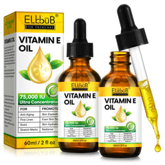 ELBBUB Vitamin E Oil bottle closeup, potent hydration for skin, hair, and nails.