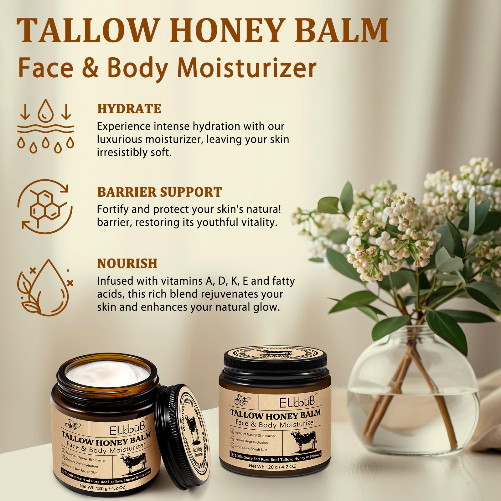 Easy daily application of ELBBUB whipped tallow cream for soothing hydration.