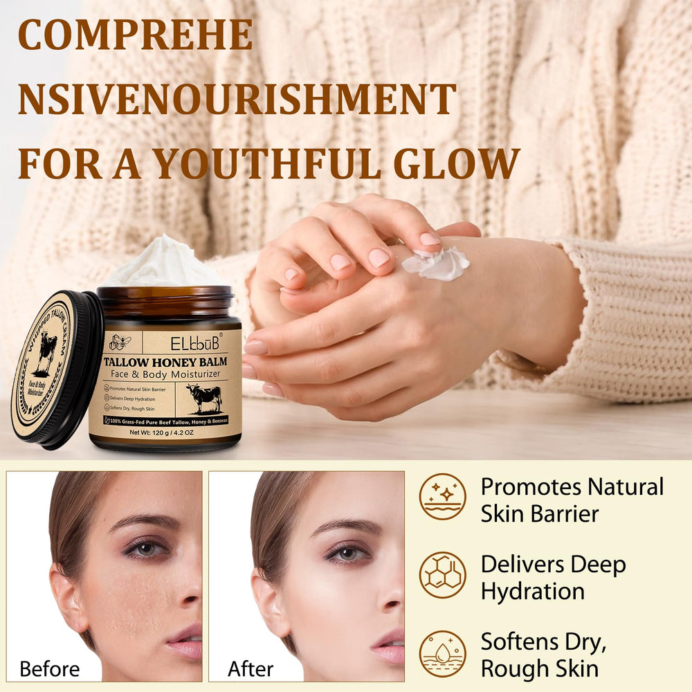 ELBBUB whipped tallow cream contains honey and beeswax for nourishing moisture.