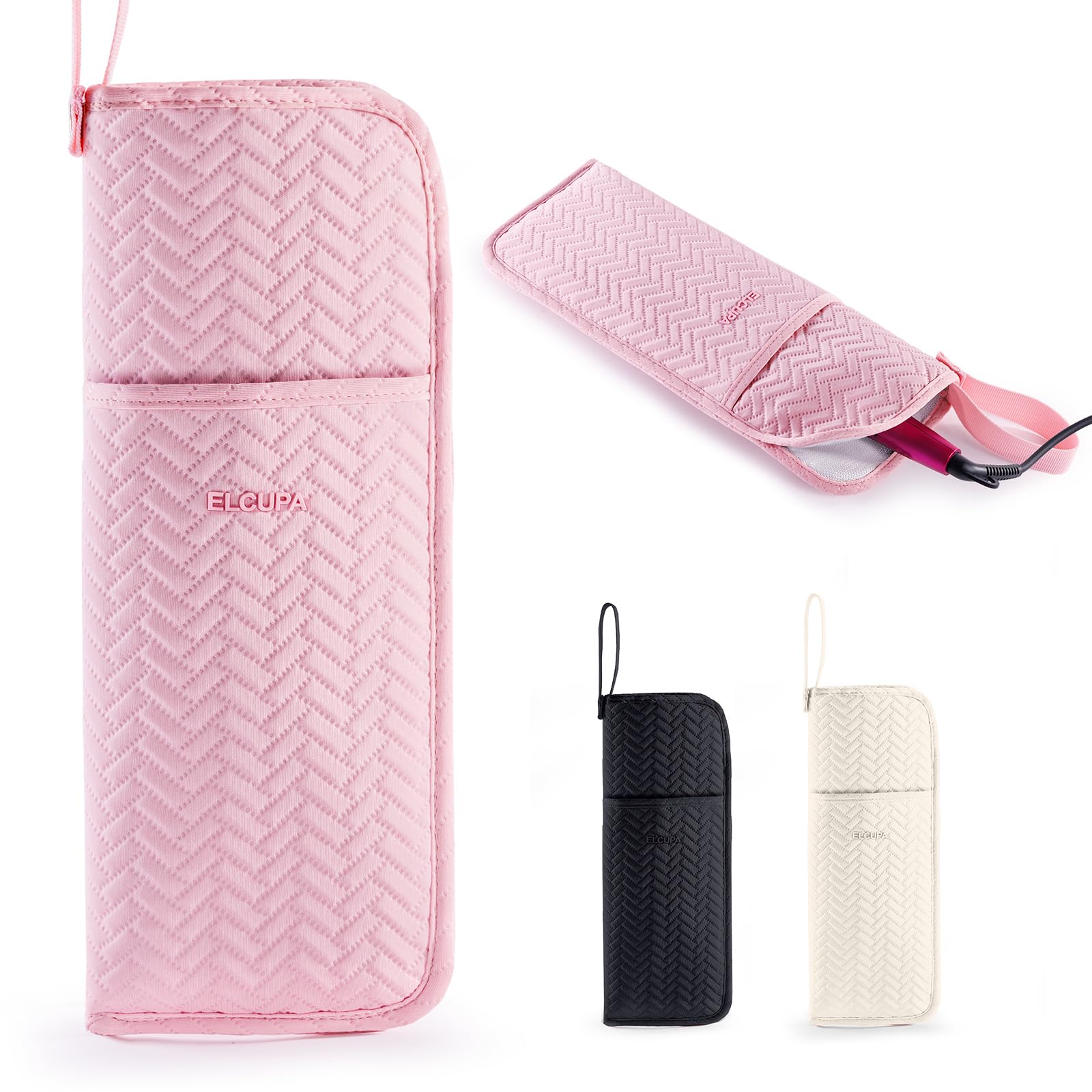 ELCUPA hair tools travel bag with heat-resistant holder protects surfaces during styling on the go.