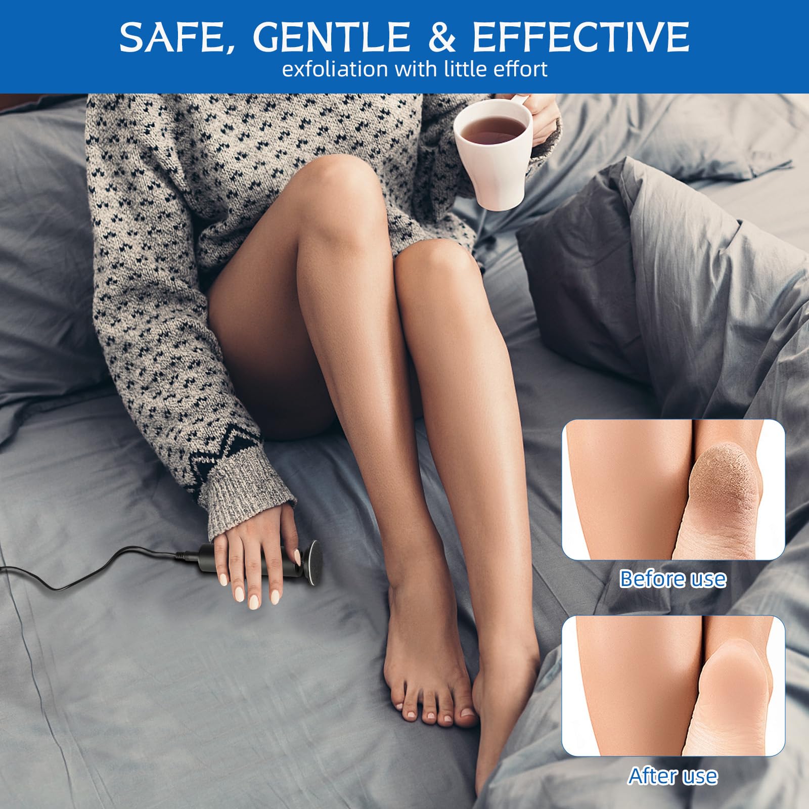 Electric Foot Callus Remover compact design fits neatly on a vanity or travel kit.