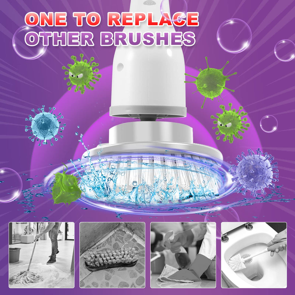 Electric Spin Scrubber extended-arm demonstrates reach for tight corners and high surfaces.