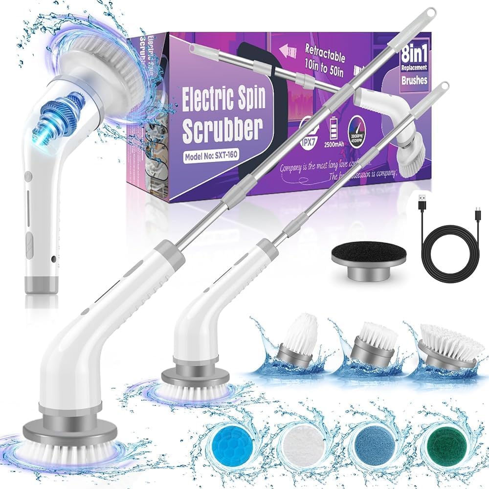 Electric Spin Scrubber front view shows compact design for easy storage and fast cleaning.